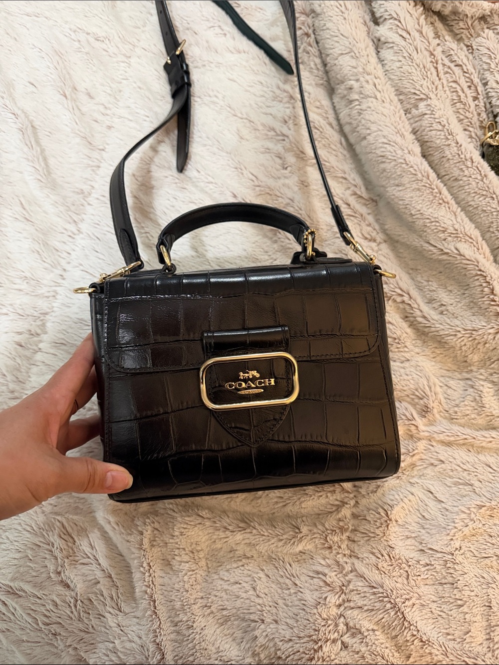 Coach Black Croc-Embossed Top Handle Crossbody with Gold Hardware